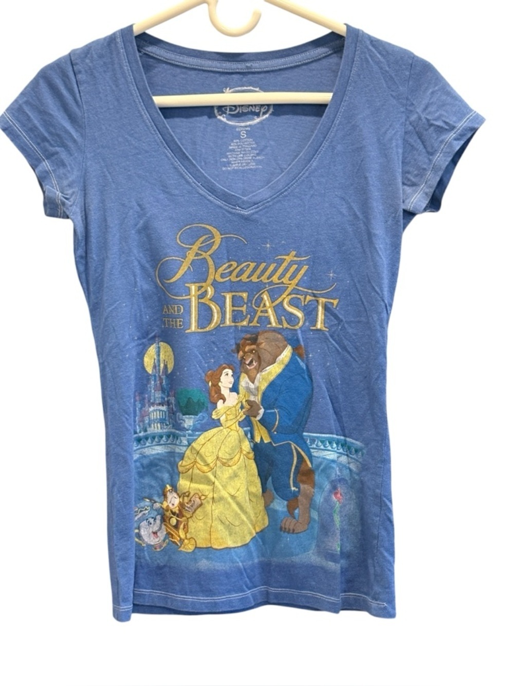 Disney Beauty and the Beast Womens V Neck Graphic Tee Shirt Size Small Blue